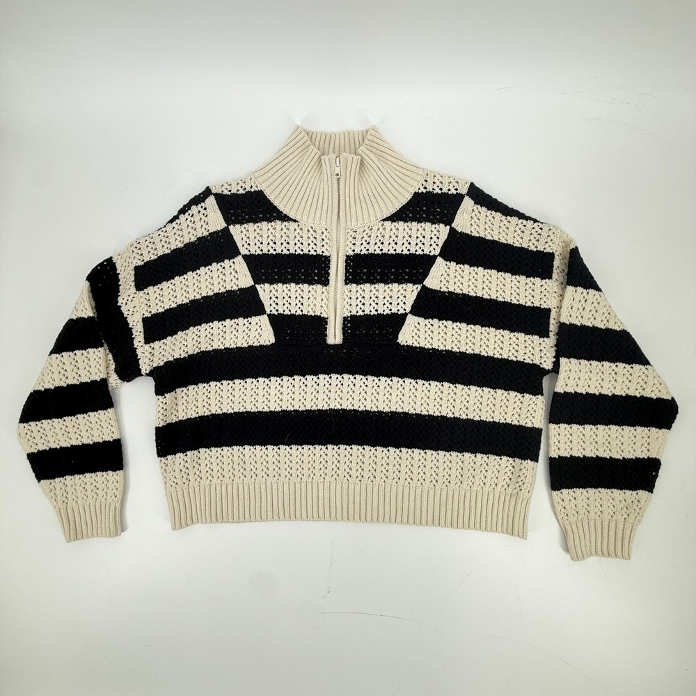 A New Day Quarter Zip Sweater Women XL Black Cream NEW Striped Open Knit Cropped